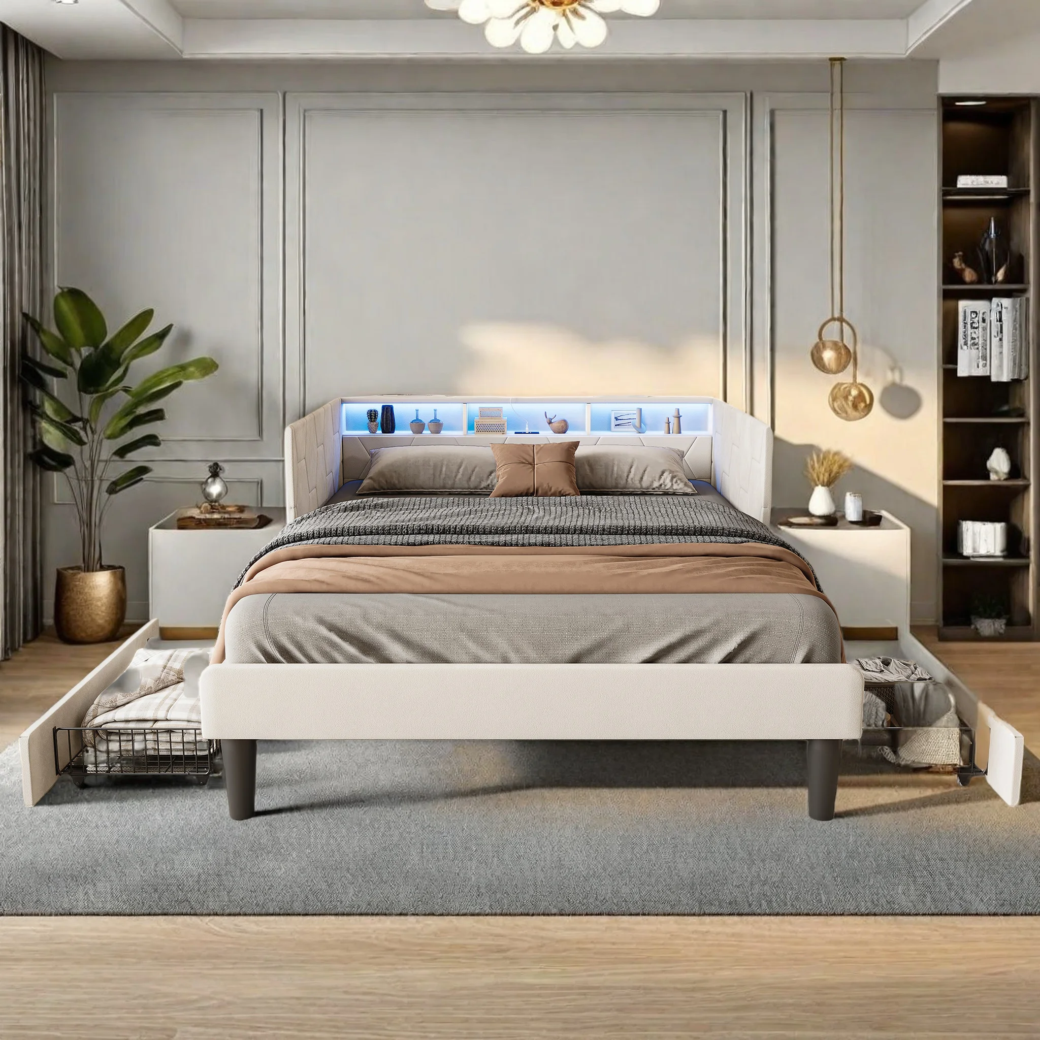 Polsterbett 140 x 200 cm mit 2 Schubladen, Bett aus Samt, Einzelbett/Schlafsofa, LED-Kopfteil, USB-und Lattenrost, Jugendbett