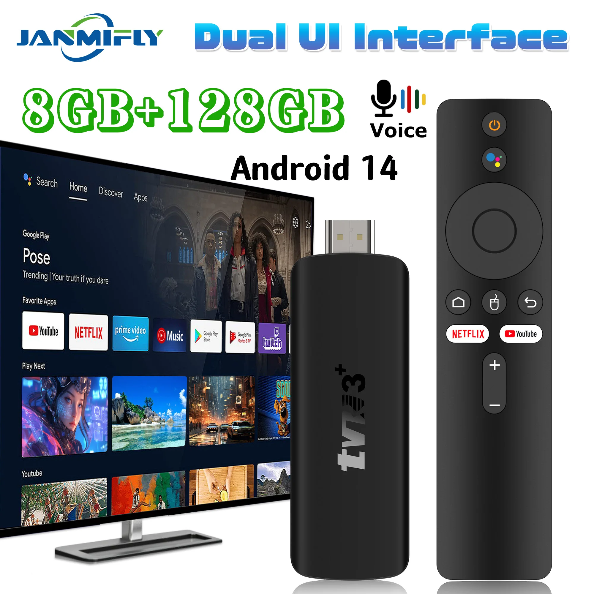 TVR3+ Android 14 TV-Stick RK3518 8K HD Dual-WLAN 2,4G/5,8G 8GB 128GB BT5.0 Global Media Player Dual-UI-Schnittstelle Set-Top-Box Image