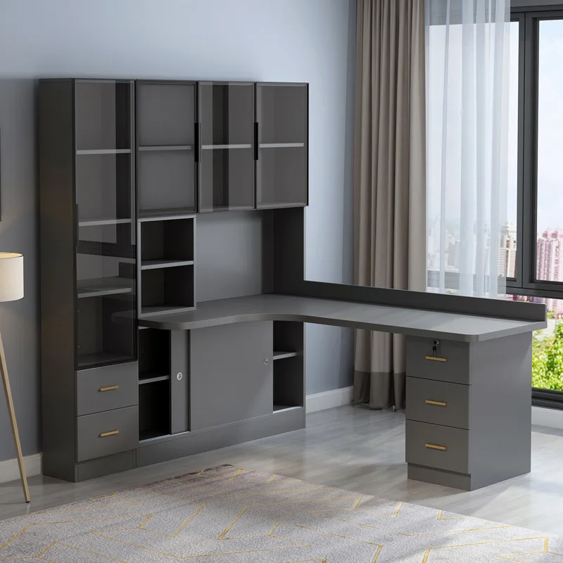 Eck-Schreibtisch aus Massivholz mit Bücherregal-Kombination, Computertisch, Schreibtisch für das Heimoffice