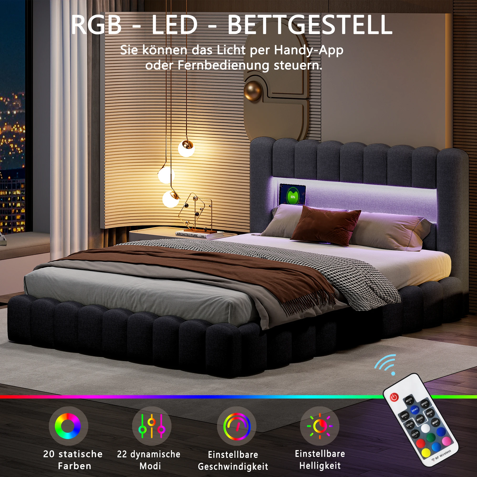 Anajqaqia 140×200/180×200 cm Hydraulisches Boxspringbett, mit Stauraum, Gepolstertes Jugendbett mit Bettkasten, LED-Doppelbett