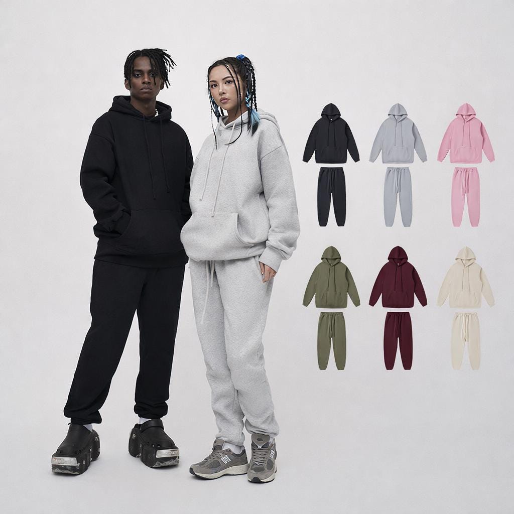 Felpa con cappuccio oversize e pantaloni della tuta, tuta in cotone pesante, set da salotto coordinato unisex, completo streetwear in due pezzi