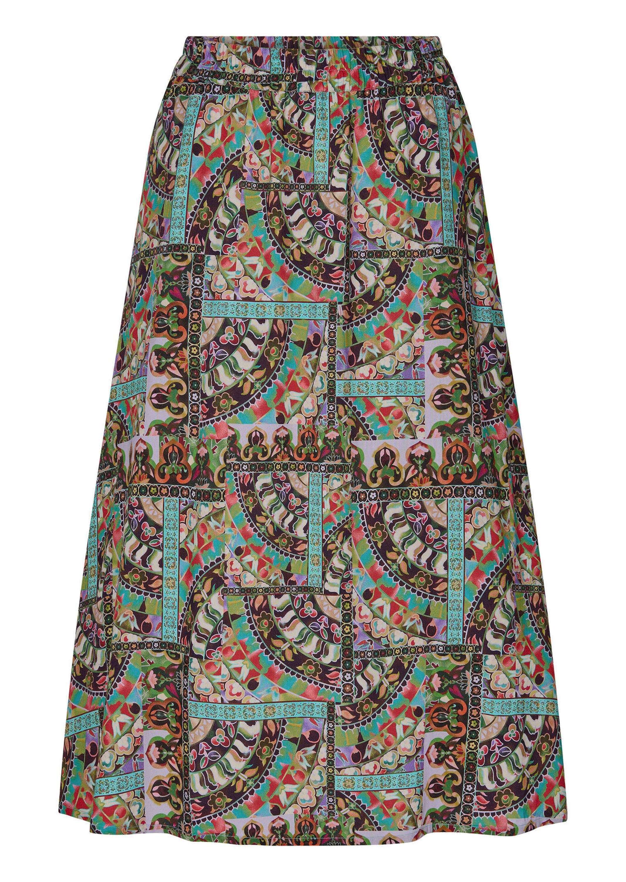 Midirock GOLDNER "Viskoserock mit Patch-Druck", Damen, Gr. 52, bunt (bunt, gemustert), Obermaterial: 100% Viskose CV., figurumspielend, Röcke, Nahttaschen an der Seite Image