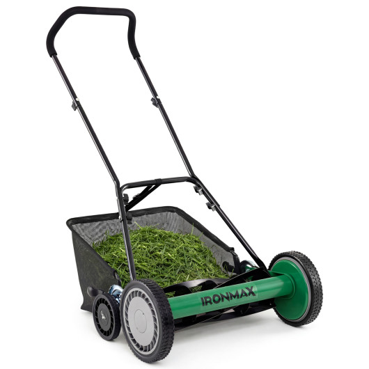 Costway 18 Inch Push Reel Lawn Mower 4-Position Adjustable with Removable Grass Catcher-Green