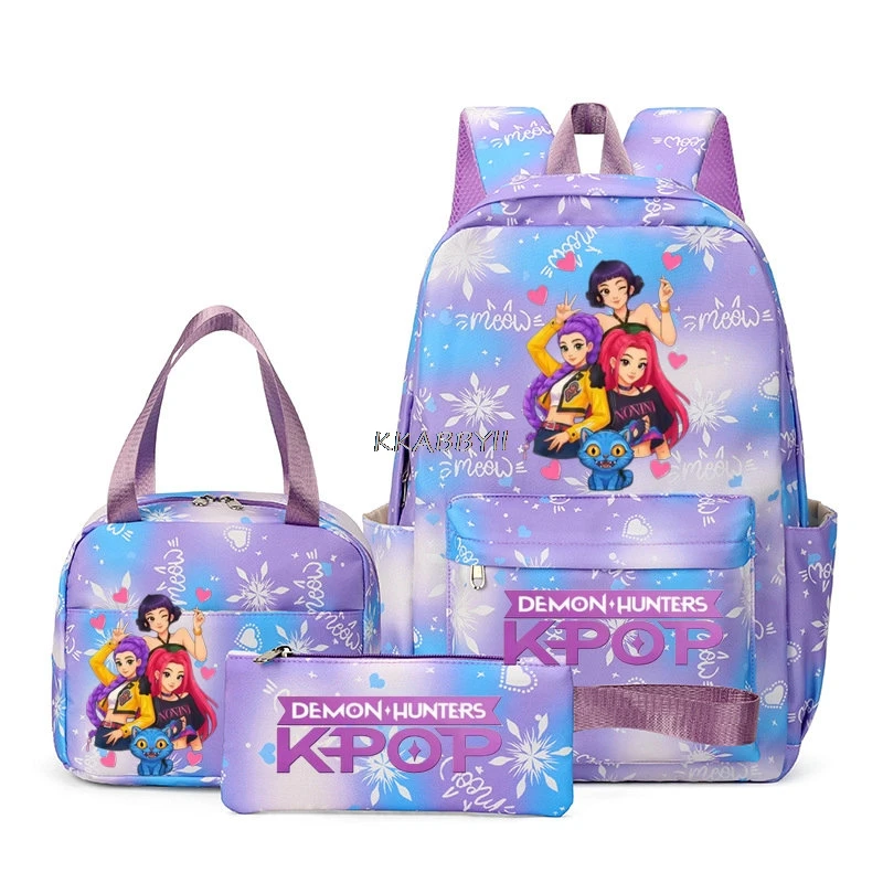 Sacs à dos Kpop Demon Hunters, ensembles de 3 pièces, sacs d'école imprimés Huntrix pour étudiantes, sacs d'école en nylon mignons pour femmes et adolescentes, Mochilas