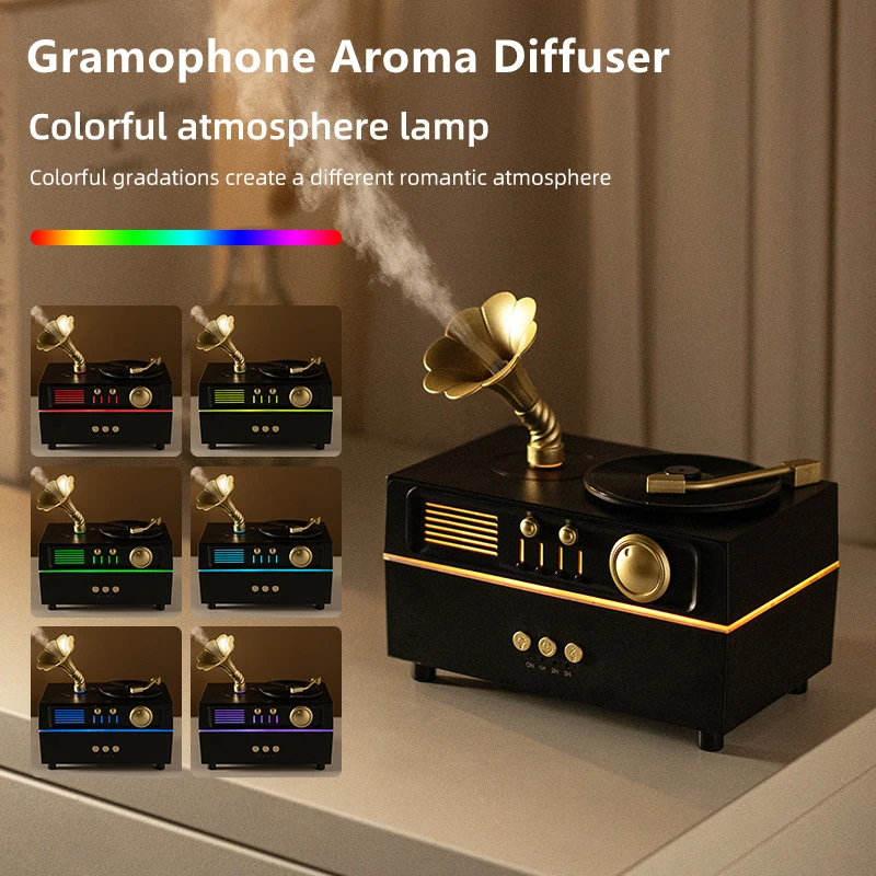 160 ml Aromatherapie-Spray-Luftbefeuchter mit Fernbedienung und 7-Farben-Umgebungsbeleuchtung, Hupendrehung, Vintage-Grammophon-Diffusor Image