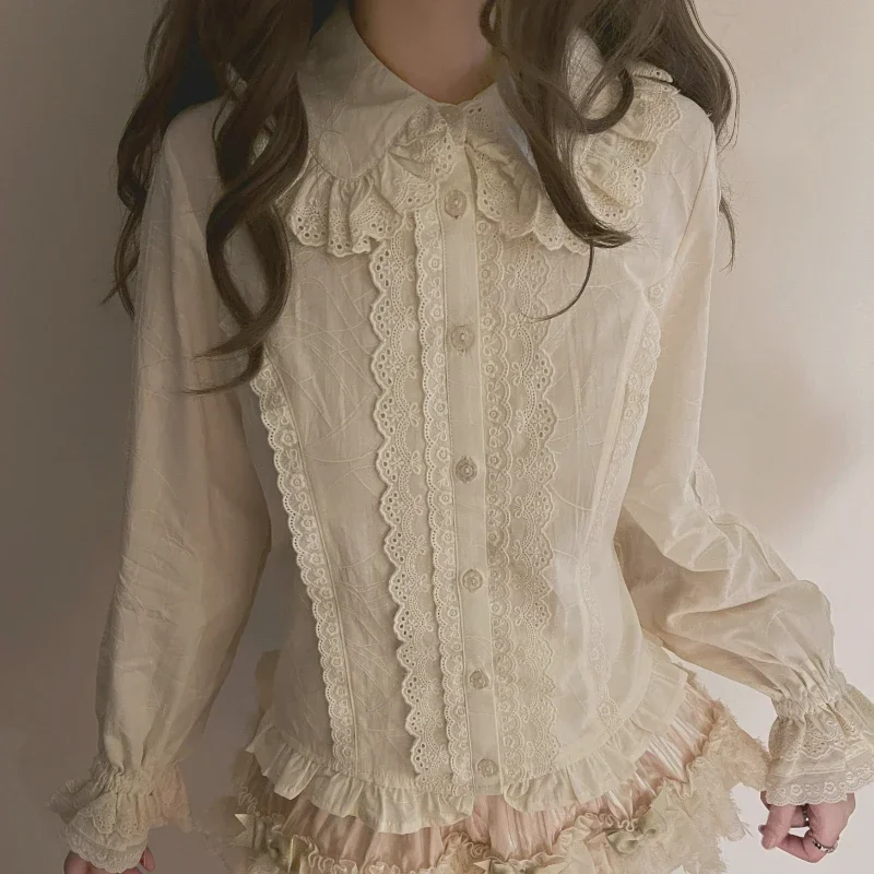 Süße Rüschen Peter Pan Kragen Langarm Loliita Bluse Top japanische Y2k Harajuku Prinzessin Shirts 2024 Kawaii süße Blusa Femme Image
