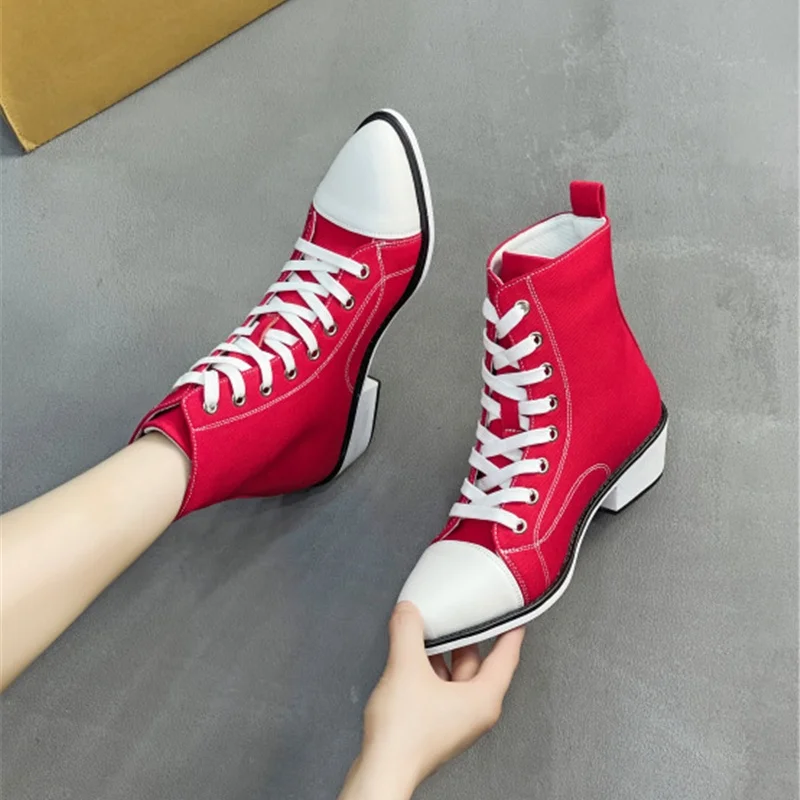 Frühling und Herbst Neue Spitze Leinwand High-top Lace-up Platz Ferse Einzelnen Schuhe Casual Kleid Große Größe mit hohen absätzen frauen Schuhe