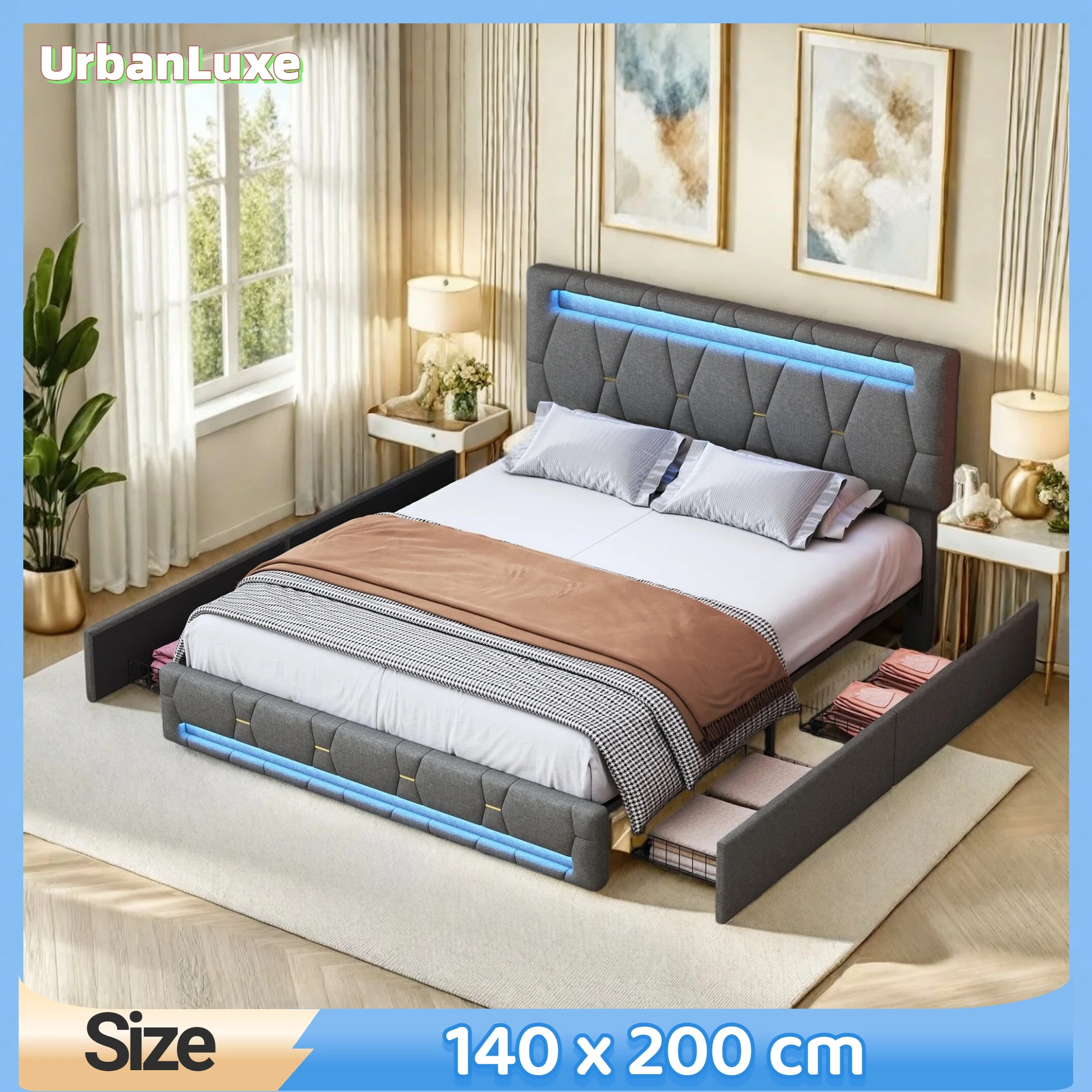 Bett 140x200 cm mit Stauraum, LED-Lichtleiste und 4 Schubladen, höhenverstellbarem Kopfteil, Bett mit Stauraum, Bettwäsche, grau Image