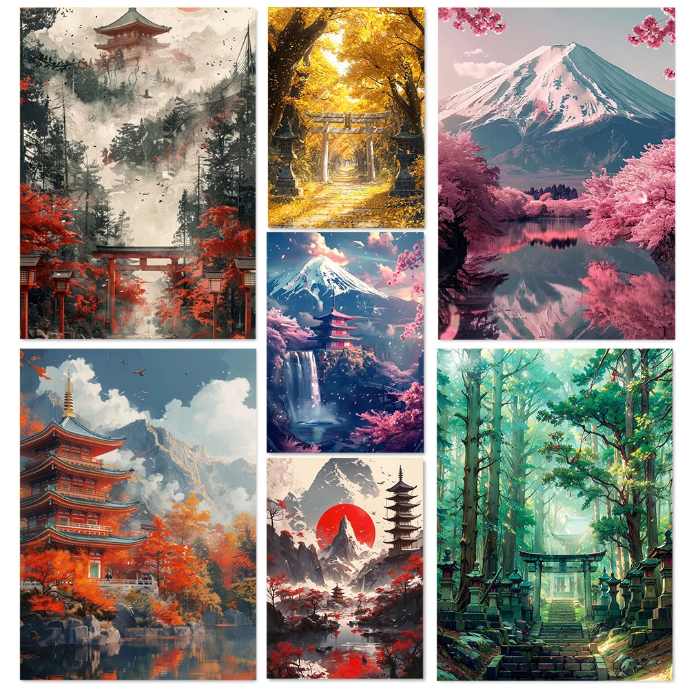 Japanische ästhetische Schrein Architektur Wald Landschaft Kunst Poster Leinwand Druck Druckgrafik Wohnzimmer Schlafzimmer Home Decor