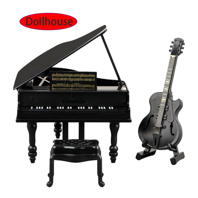 3-teiliges Set Miniatur-Musikinstrumente für Puppenhäuser: Konzertflügel, Gitarre, Cello - Puppenzubehör und Simulationsornamente Image