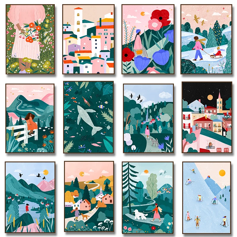 Mädchen mit Hundespaziergang Wald verschneite Stadt Blume Ski illustrierte Landschaft Poster Leinwand Malerei Druck Wohnzimmer Kunst Home Decor