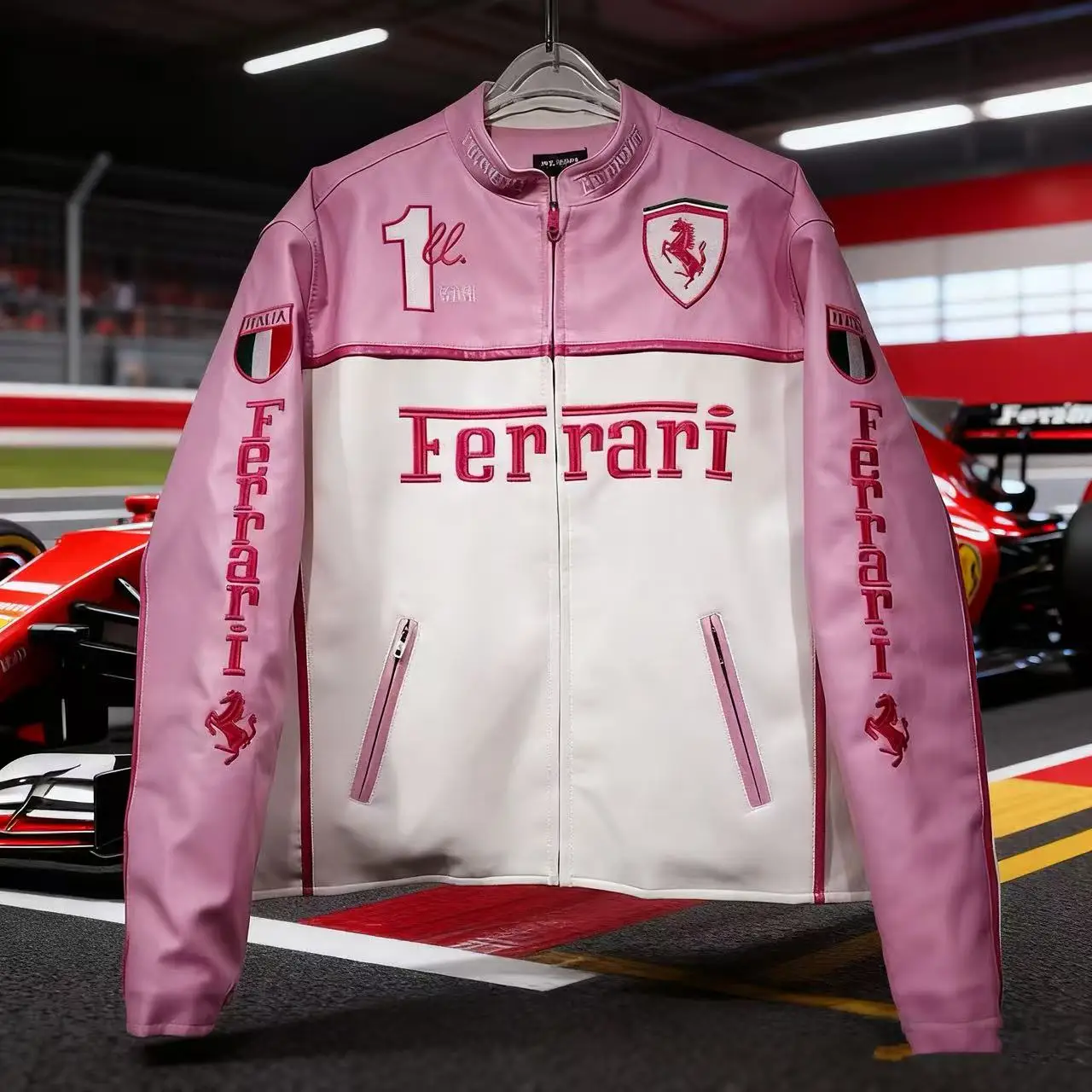 Neue bestickte Rennjacke Ferrari F1 Rennjacke Motorradjacke Rosa für Ferrari Roma Spider LaFerrari Monza SP2 F80 Image