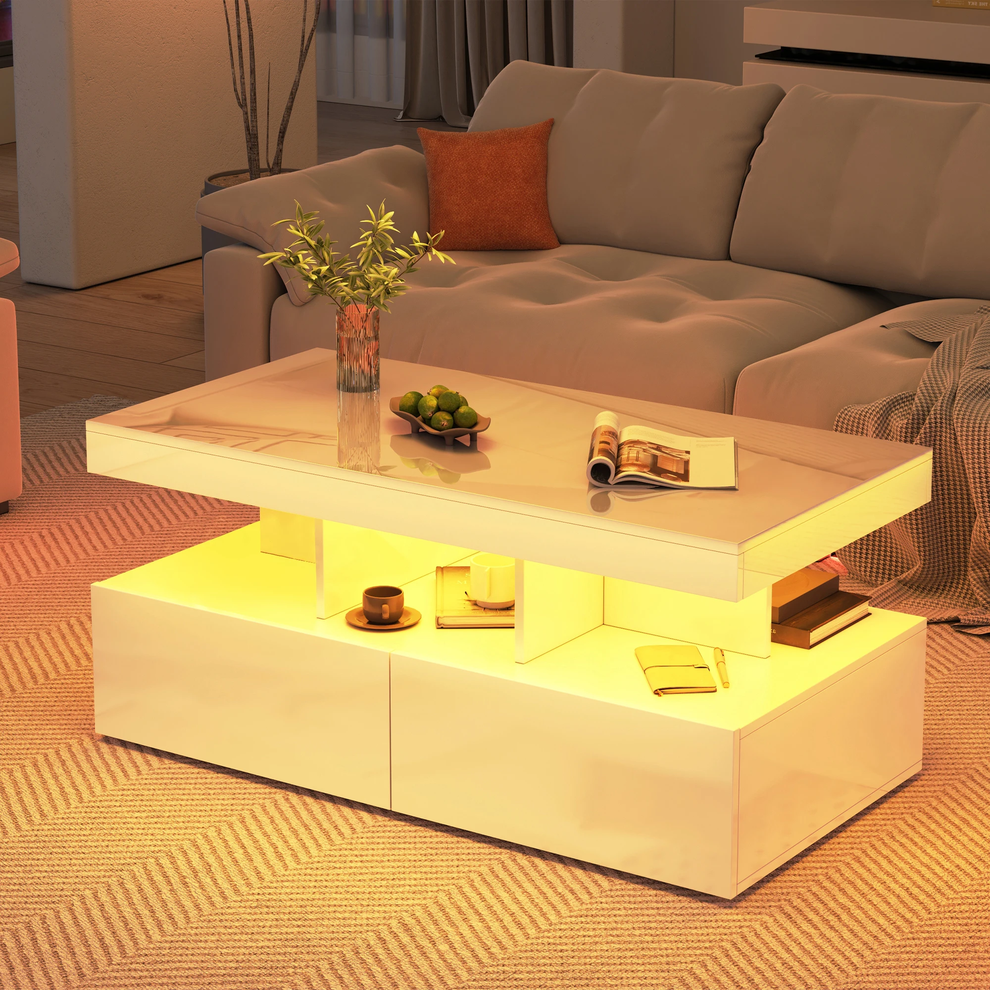 Anajqaqia Moderner Couchtisch, mit LED-Beleuchtung, mit 3 Ablagen und 2 Schubladen, quadratischer Beistelltisch, für Wohnzimmer, 104×53×46 cm Image