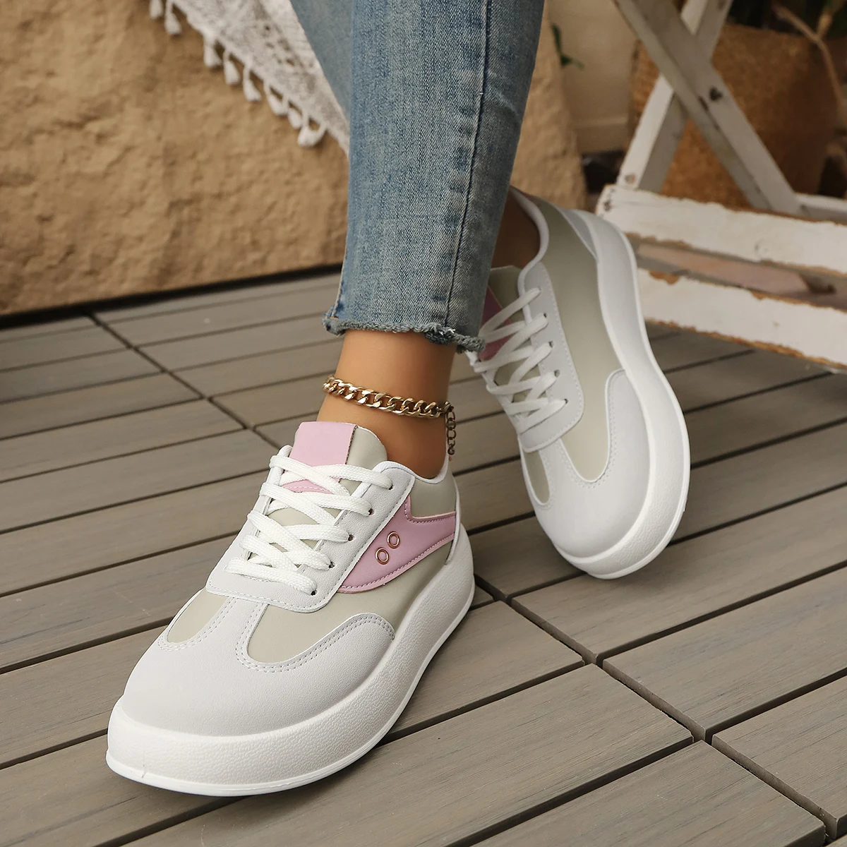 Damenmode-Schnürschuhe, lässige Turnschuhe, rosa, blau, dicke Sohle, flache Schuhe, leichte, rutschfeste Sportschuhe für Damen, Übergröße 36–41