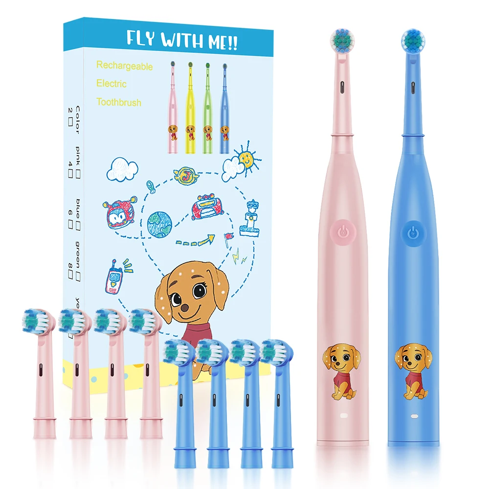 Elektrische Zahnbürste mit 5 Modi und Timer für Kinder, Cartoon-Design, Smart-Rundkopf, rotierendes Mundreinigungsgerät mit Ersatzköpfen Image