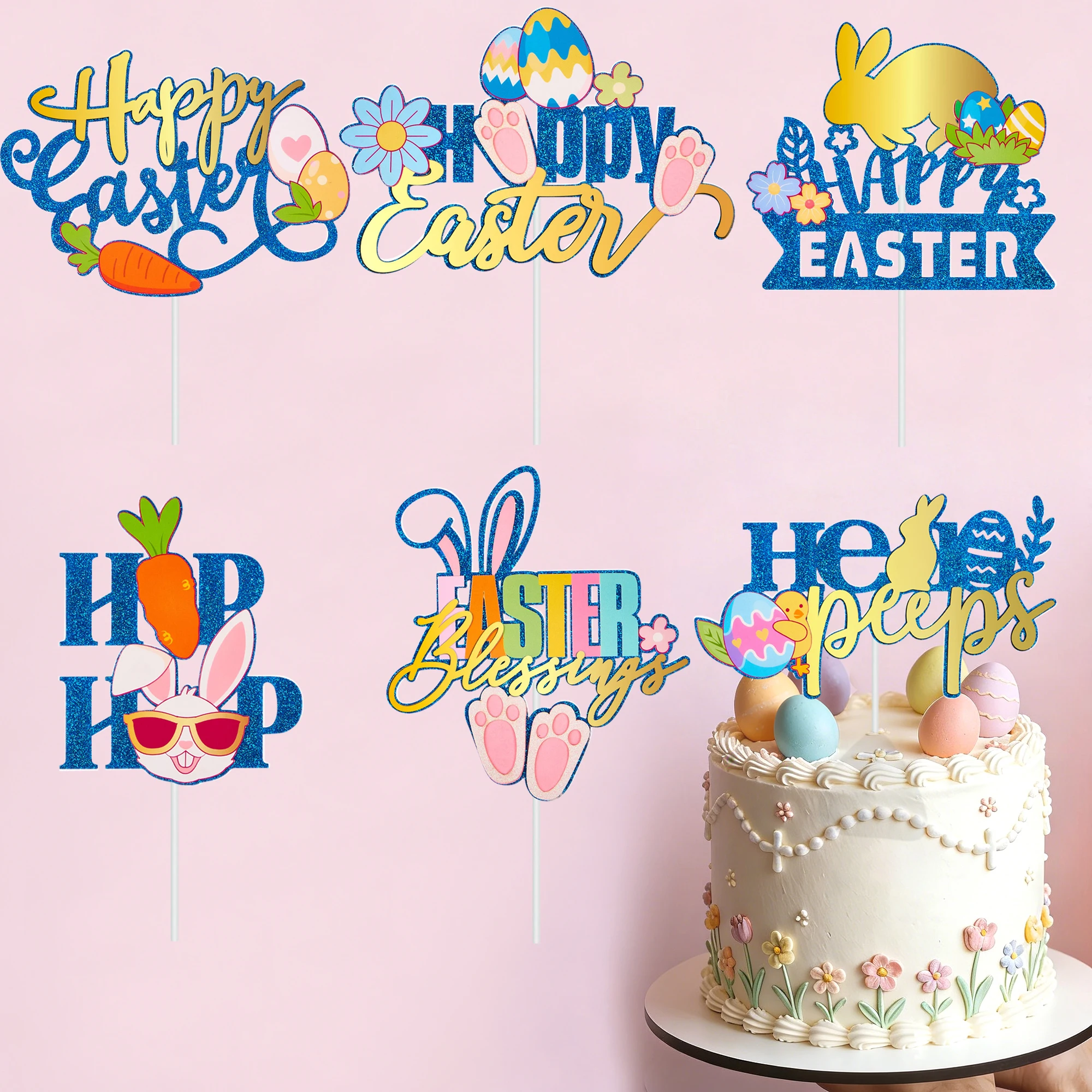 1 Stück/3 Stück Frohe Ostern Kuchendekoration Hase Ei Karotte Glitzer Kuchenaufsatz für Oster-Themenparty Kuchendekoration Zubehör Image
