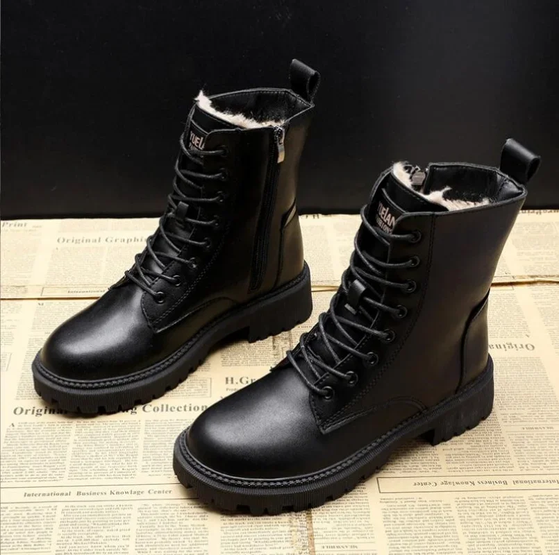 Wasserdichte Winter Schneeschuhe Frauen Lus Samt dicke Baumwolle Frauen Schuhe schwarz Leder warme Plattform Damen Stiefeletten