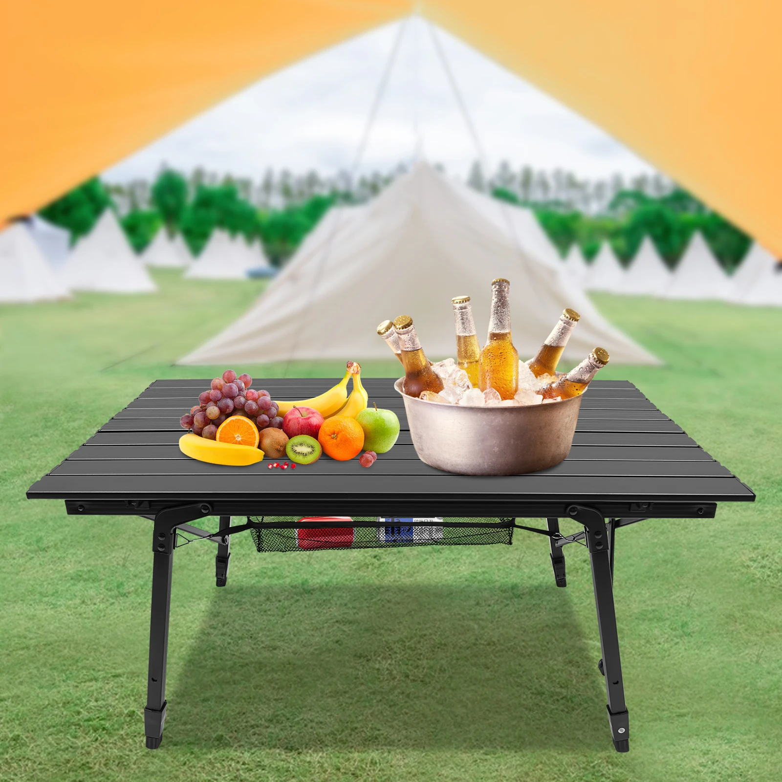 Schwarzer Camping-Klapptisch aus Aluminiumlegierung mit verstellbarer Höhe von 17,72 bis 25,59 Zoll für Picknick und Grillen im Freien