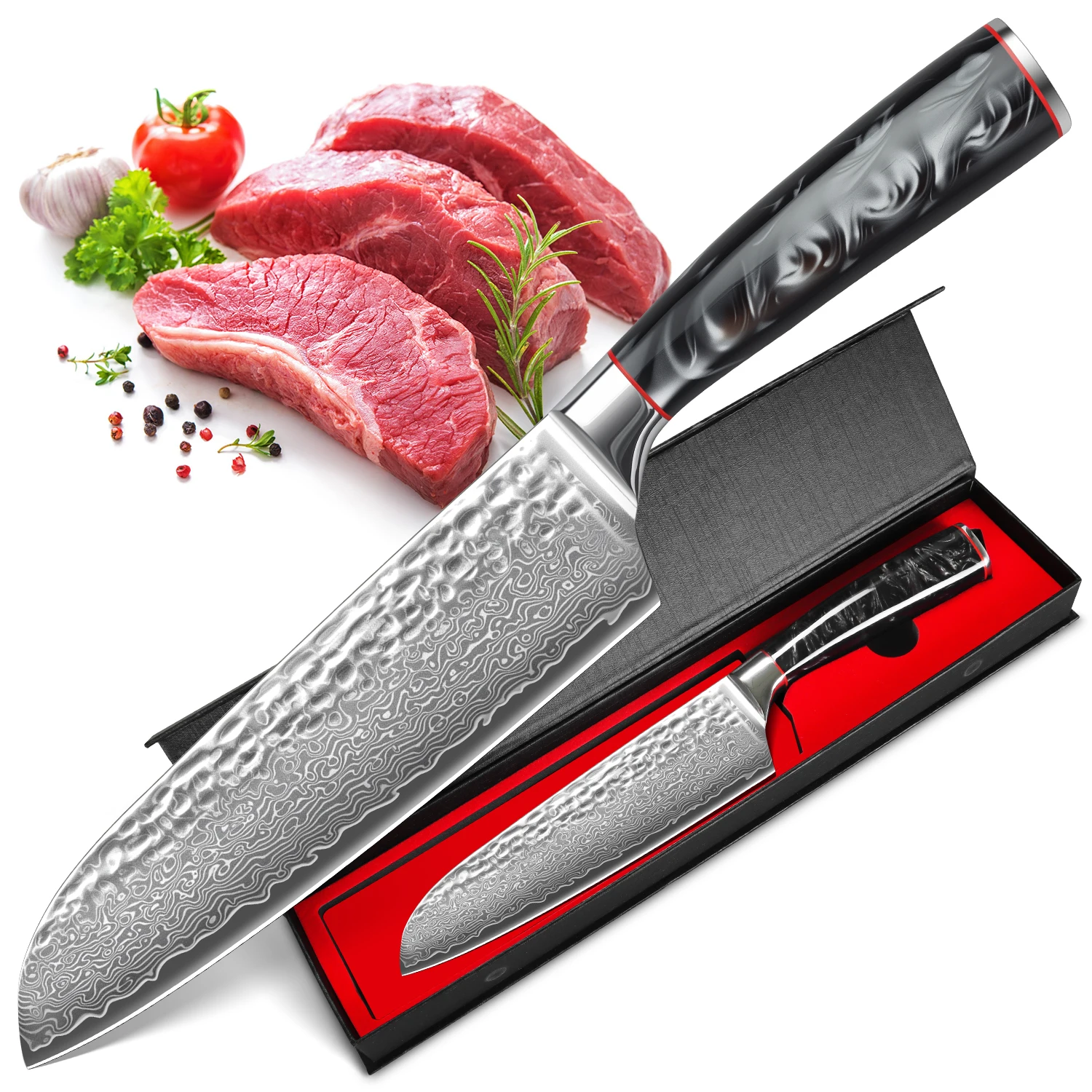 Damaskus-Kochmesser aus VG10 Japanischem Stahl mit Gehämmerter Oberfläche Speziell für Sushi, Gemüse und Fleisch Geeignet Ideales Geschenk für Hobbyköche Image