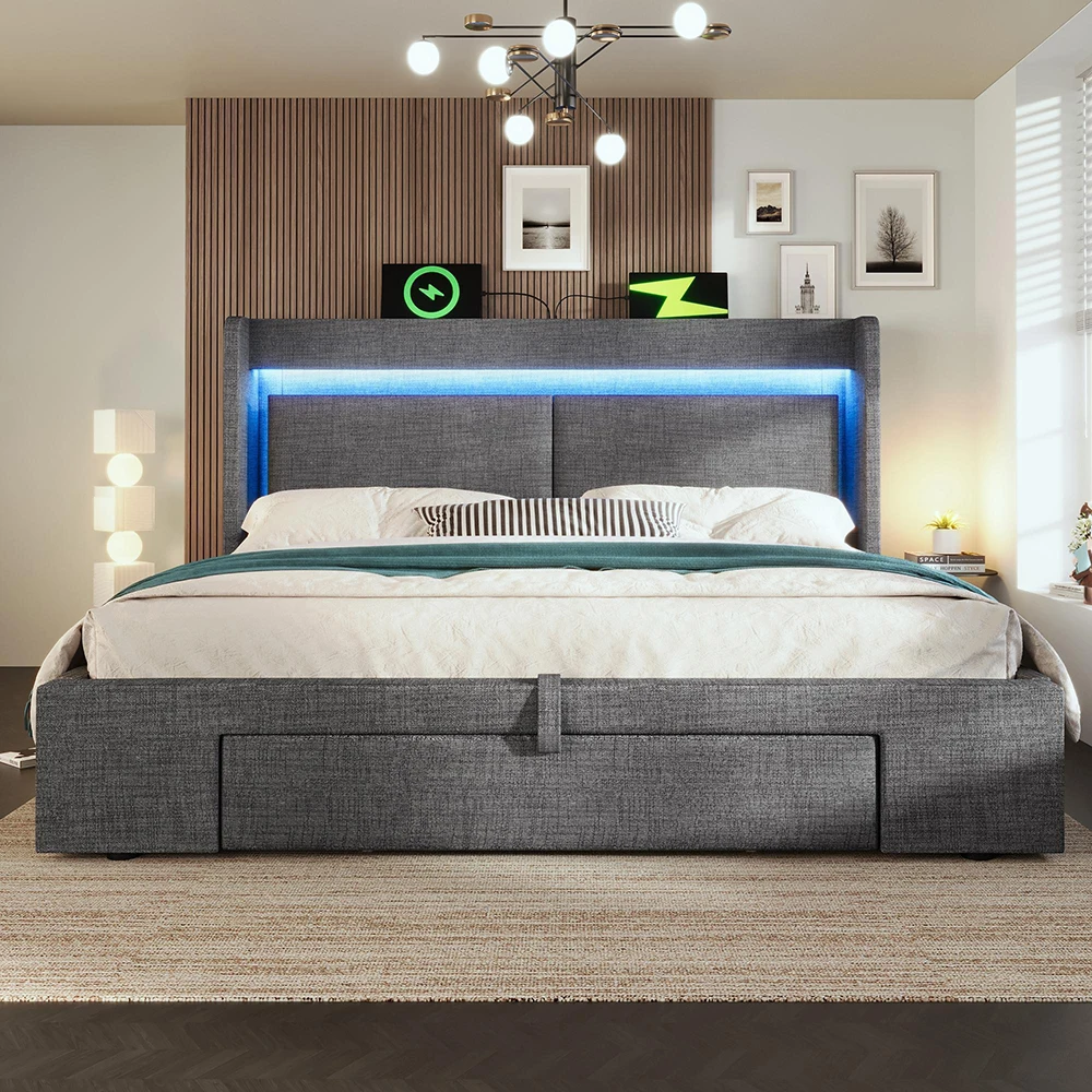 KOMHTOM Leinen-Polsterbett, Hydraulischer Stauraum, LED-Beleuchtung, USB/USB-C, Holzlattenrost (ohne Matratze) Image