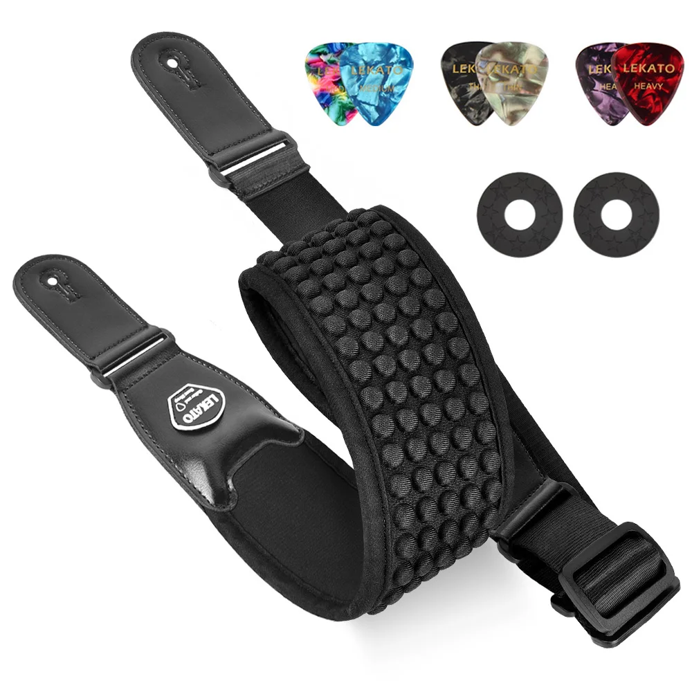 LEKATO 3D-Schwamm-Gitarrengurt, LGS-1, verstellbare Füllung, E-Gitarrengurt, Bassgürtel, 8,9 cm breit, mit 6 Plektren Image