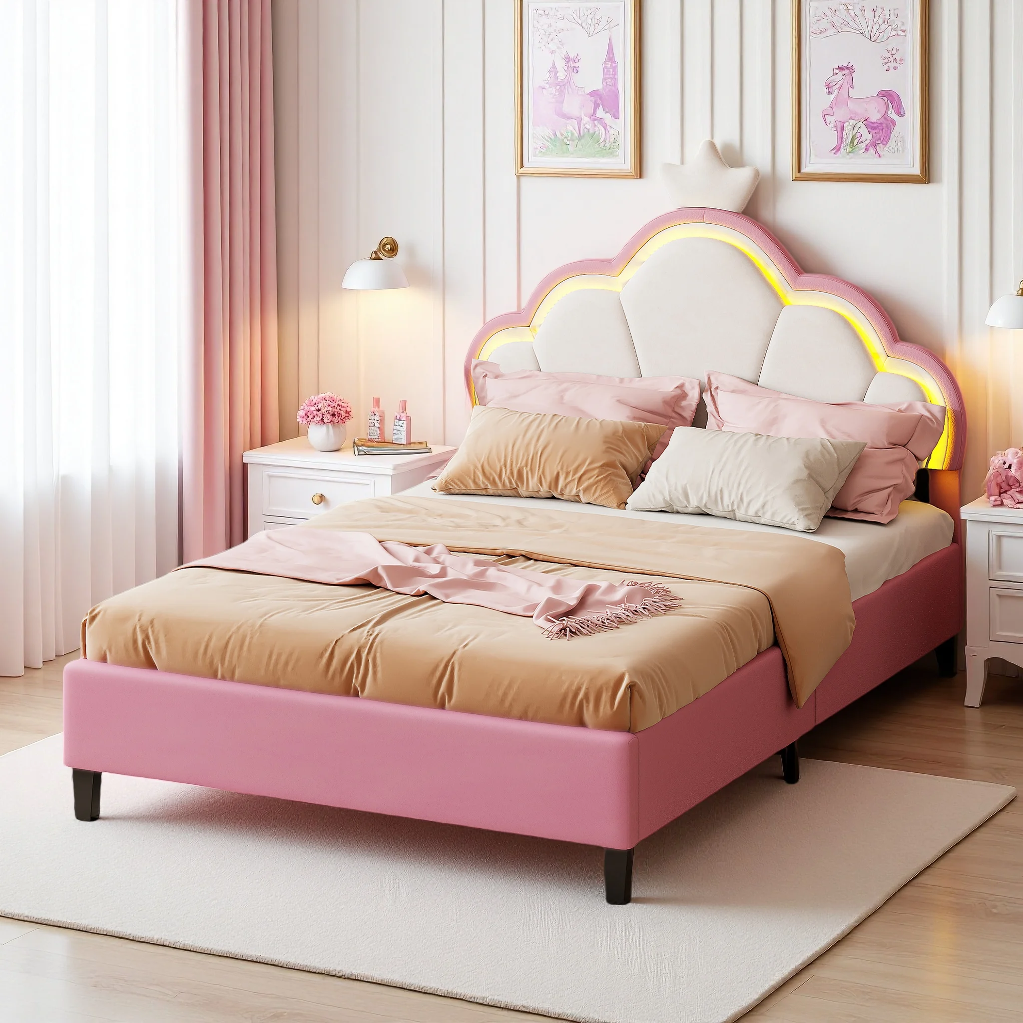 Rosahqnda LED-Polsterbett 90/140 x 200 cm, Kinderbett mit Kronen-Kopfteil, Prinzessinnenbett, Einzel-/Doppelbett, Jugendbett, Samt Image
