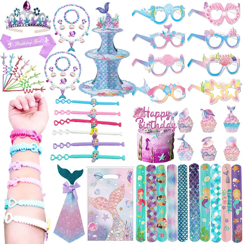 Meerjungfrau Geburtstag Party Favor Papa Kreis Aufkleber Krone Set Gläser Süßigkeiten Boxen Dichtungen Kuchen Topper Geschenk Taschen Kinder Party Supplies Image