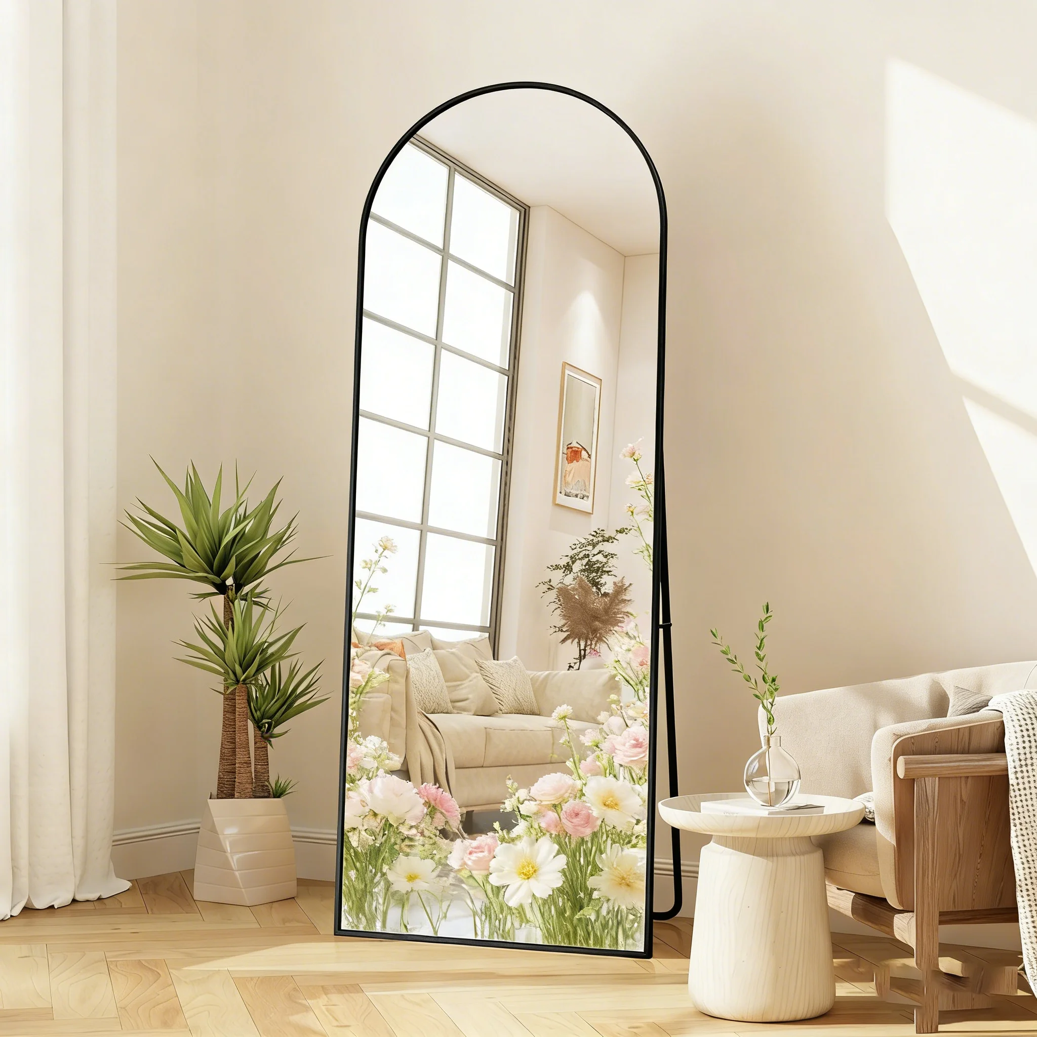 Anajqaqia 164 x 54 cm Standspiegel, Ganzkörperspiegel, Gebogener Spiegel mit Schwarzem Metallrahmen, Gehärtetes Glas, für Wohnzimmer, Schwarz