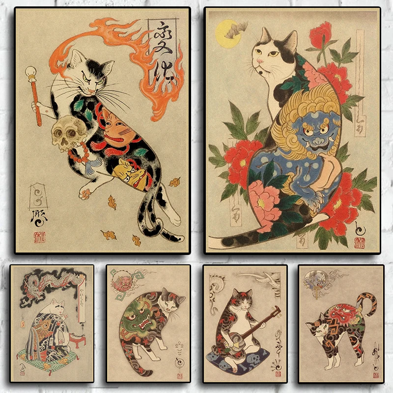 Japanische Tattoo Samurai Katze 80S Retro Serie Kunst Wand Home Decor Bild für Café Zimmer Wohnzimmer Leinwand Malerei Druck Poster geschenk
