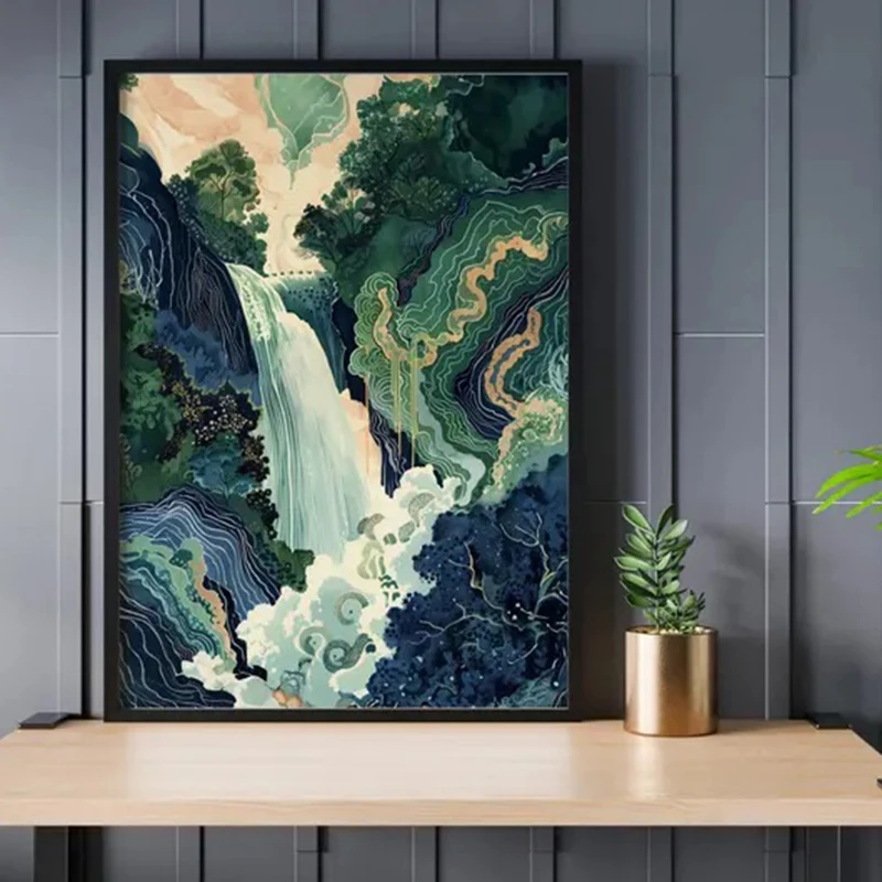 Hokusai Ukiyo-e Blau Grün Japanischer Wasserfall Asiatische Landschaft Poster Leinwanddruck Vintage Wandkunst Bild Home Room Decor