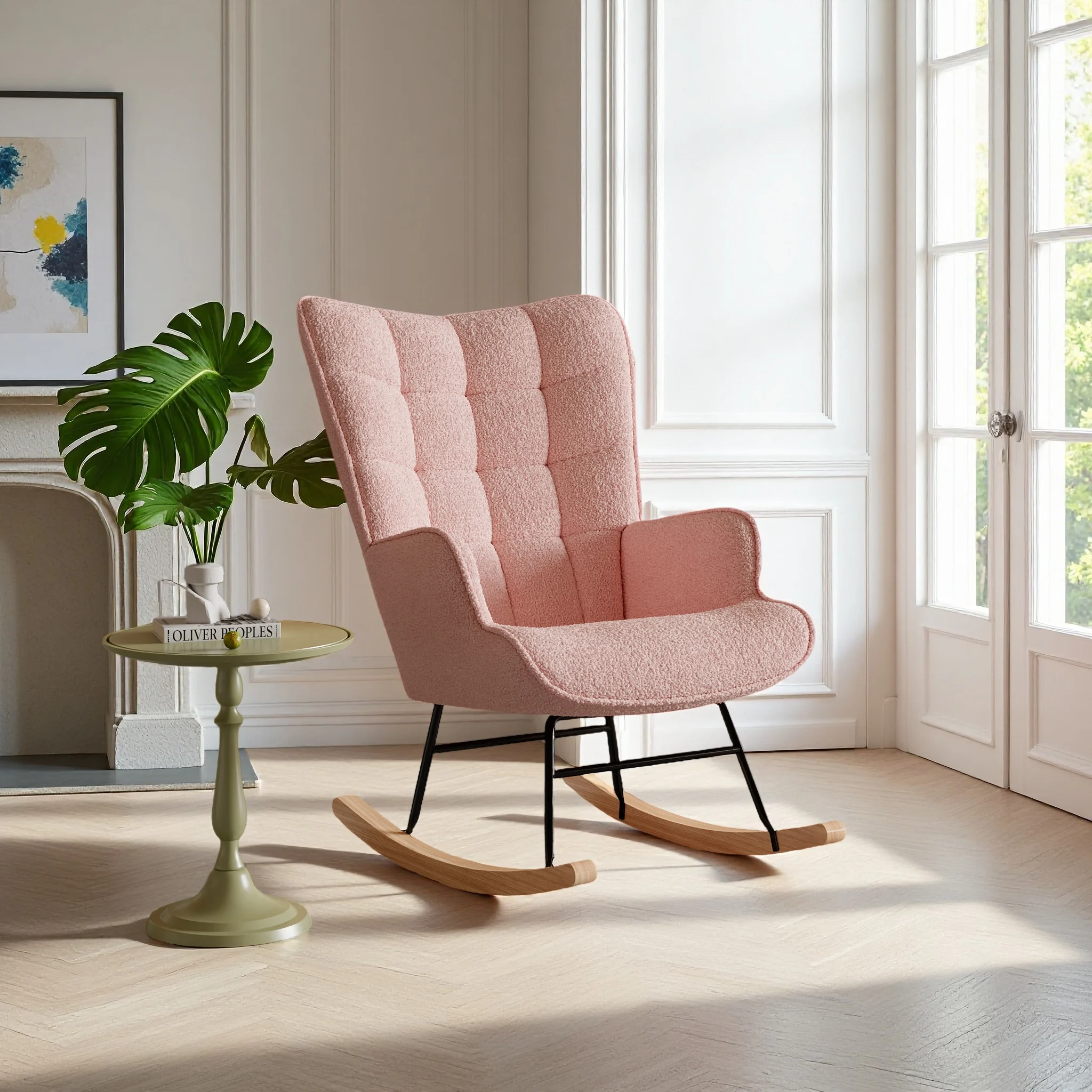 Superaly Schaukelstuhl, Liegestuhl, Loungesessel mit Holzarmlehnen für Schlafzimmer und Balkon, Teddy-Velours-Stoff, Rosa Image