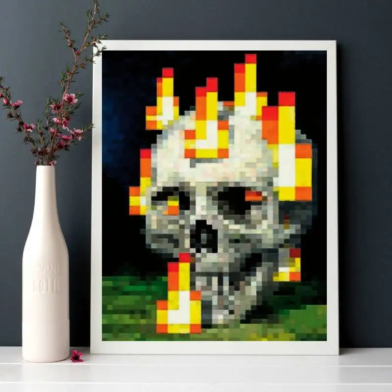 1 Stück lebendiges Pixel-Schädel- und Flammen-Leinwandposter – ungerahmter Kunstdruck für Schlafzimmer, Büro, Wohnzimmer-Dekoration, Totenkopf-Dekor Image