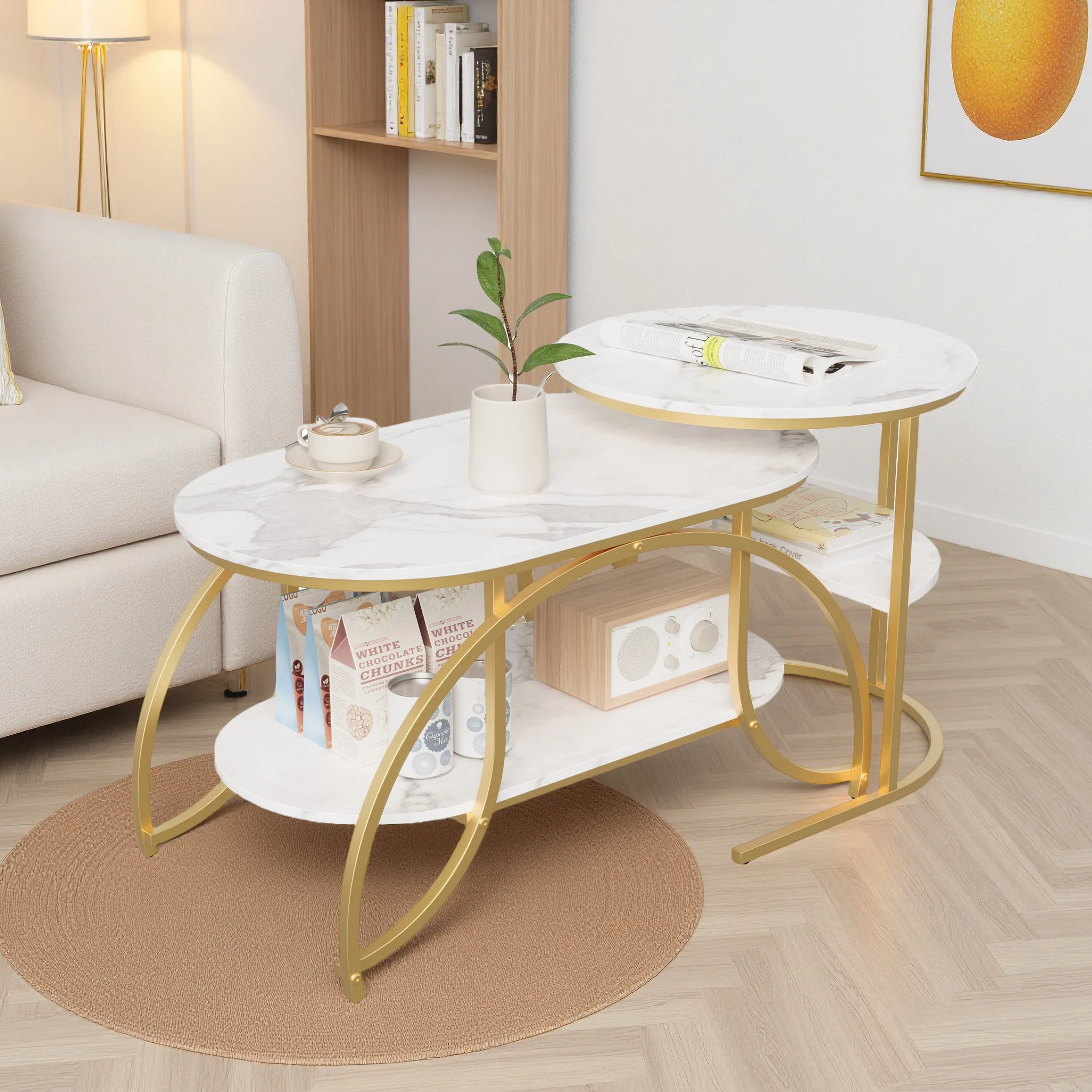 Anajqaqia Runder Couchtisch 2-teiliges Set, Ineinanderstellbare Beistelltische, Wohnzimmer-Sofatisch mit Goldrahmen, für Balkon Image