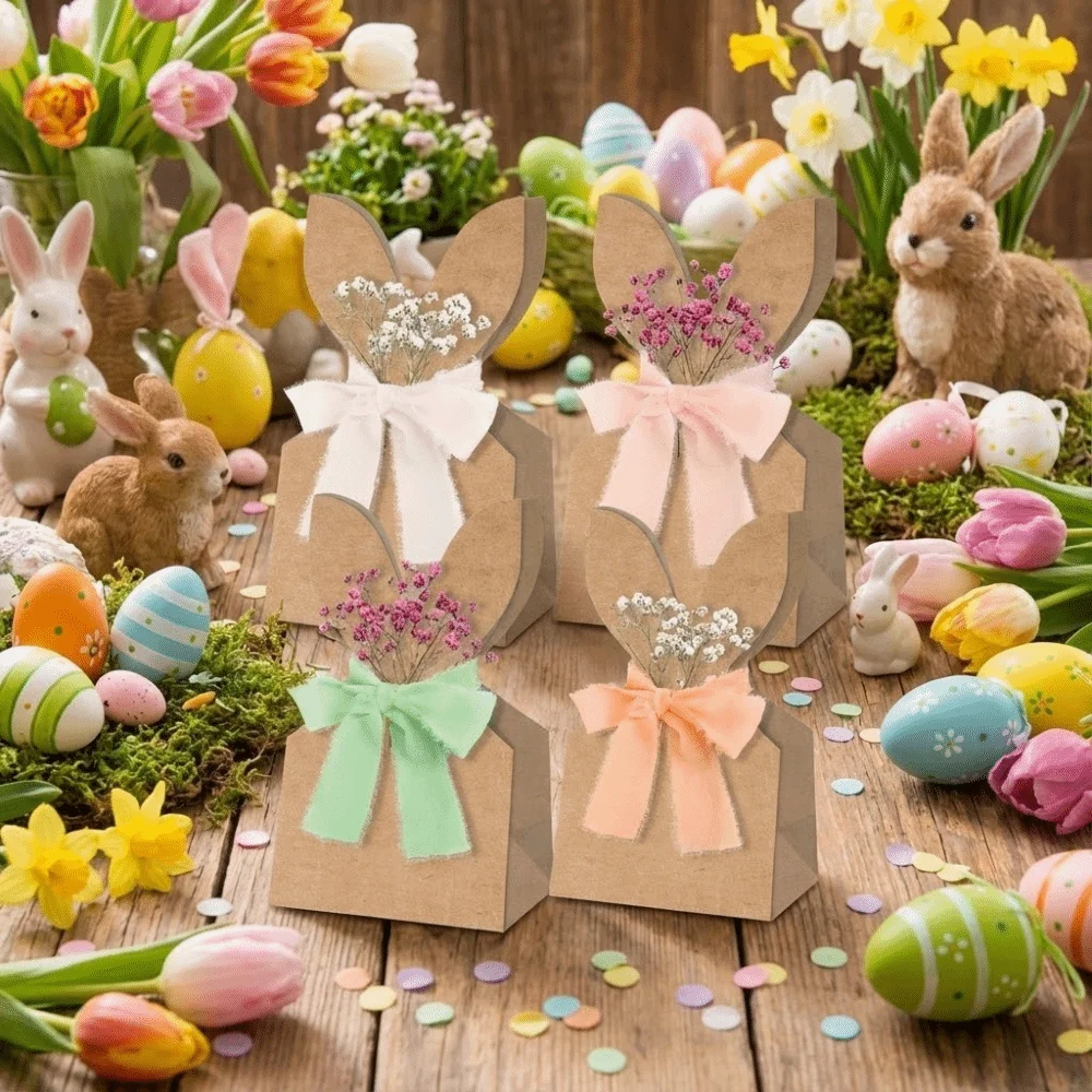 12/24 Stück Oster-Geschenktüten aus Rindslederpapier mit Hasenohren, künstlichen Blumen, Party-Geschenktüten, neutraler Schleifenband, rustikales Papier Image