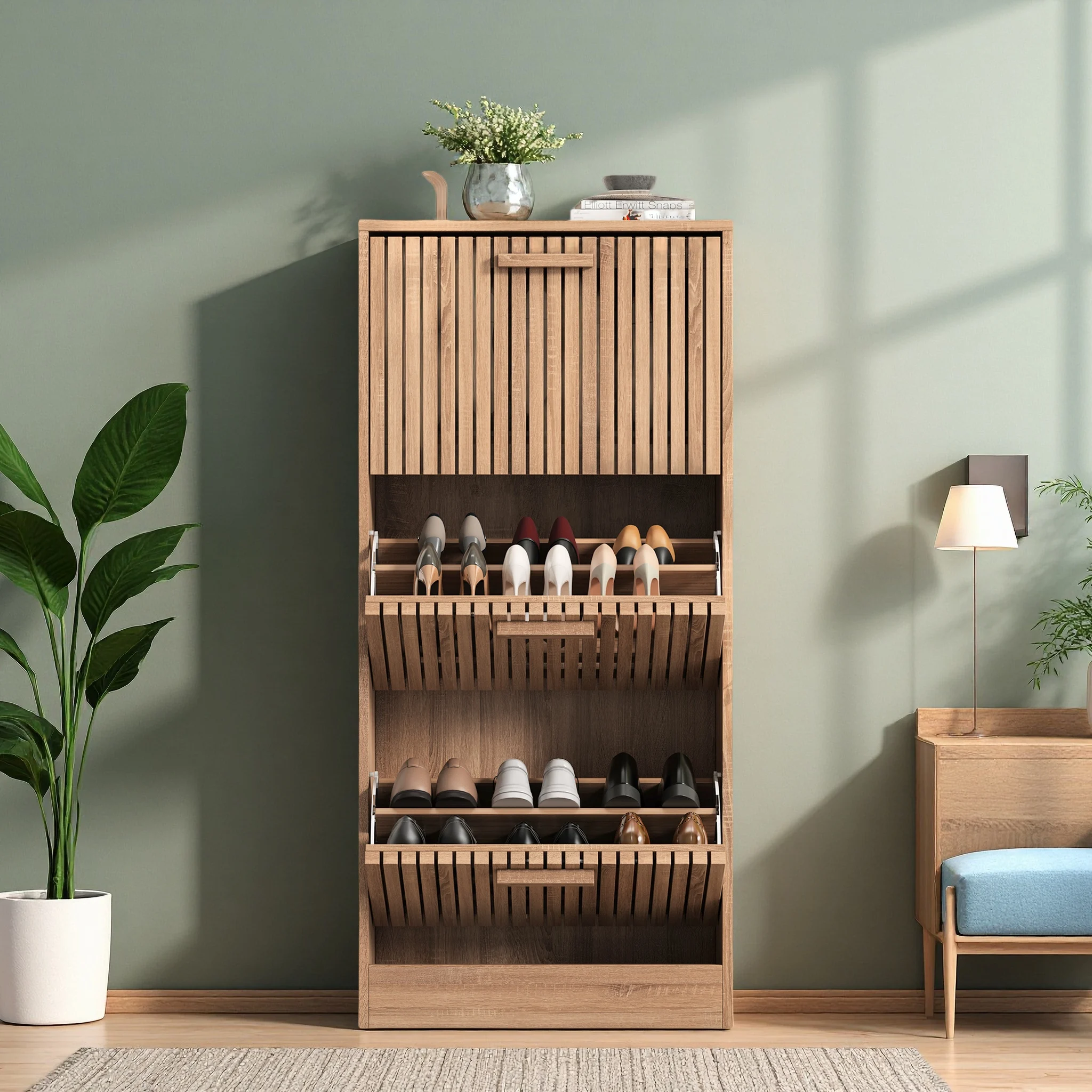 Comanlai Schuhschrank mit 3 Klappen Schlanker Vintage-Schuhregal Holz-Schuhschrank für Flur Wohnzimmer Schlafzimmer und Eingangsbereich