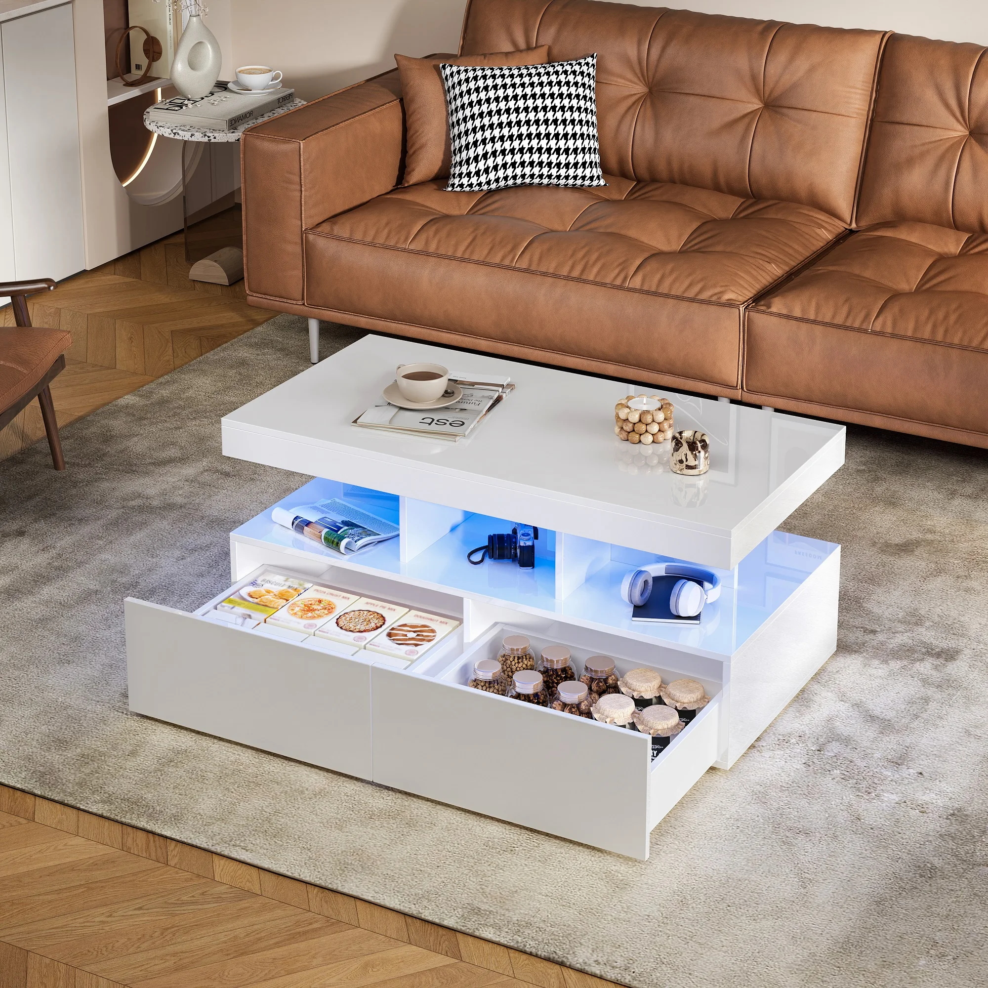 Rosahqnda Couchtisch mit LED-Beleuchtung und 2 Schubladen, verstellbare LED-Beleuchtung, Hochglanz-Couchtisch für das Wohnzimmer, 104 x 53 x 46 cm Image