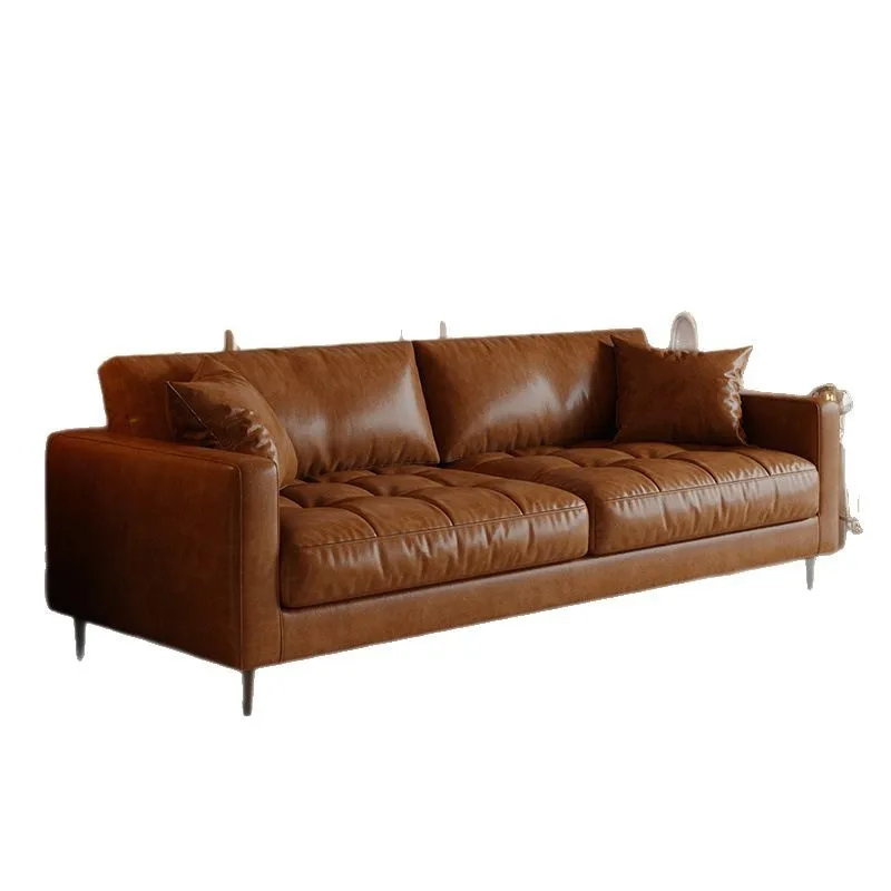 Französisch-italienisches Retro-Sofa aus Ölwachs-Rindsleder für kleine Wohnungen, antikes Wohnzimmer, gerades Leder-Sofa Image