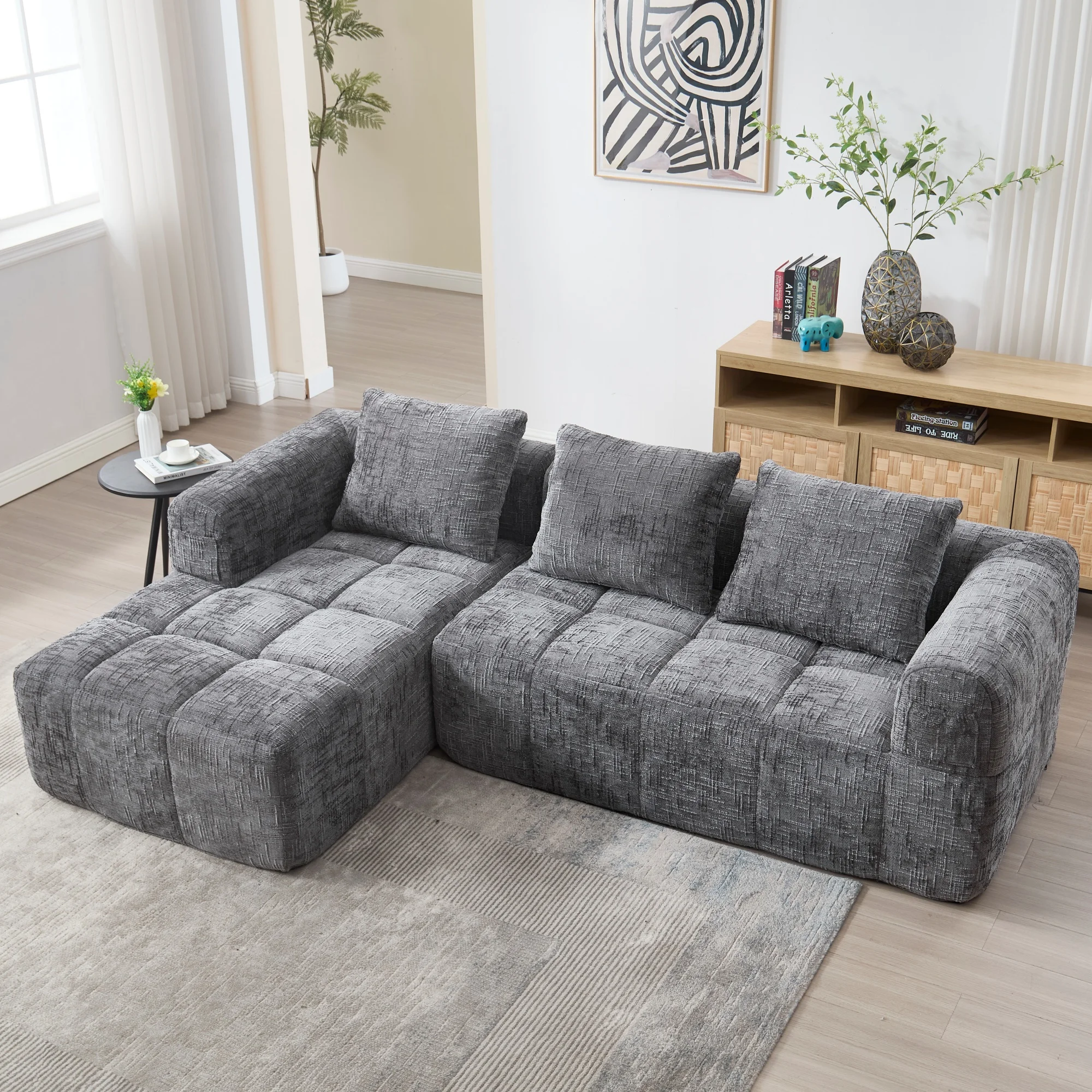 L-Sofa,Ecksofa，Sektionssofa，Modernes Sofa，Chenille-Sofa mit Armlehnen & 3 Kissen Image
