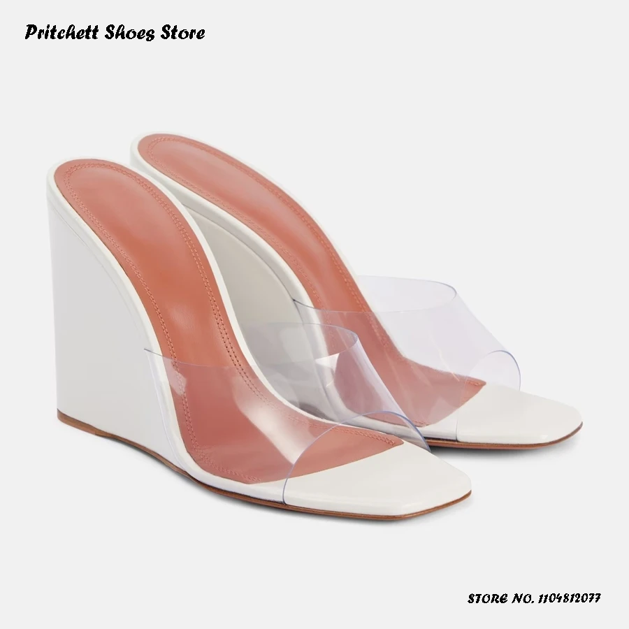 Damen-Pantoletten aus durchsichtigem PVC und Leder mit Keilabsatz, elegante, quadratische, offene Zehenpartie, Runway-Schuhe, Sommer-Pull-On-Bankettkleid, moderne Hausschuhe Image