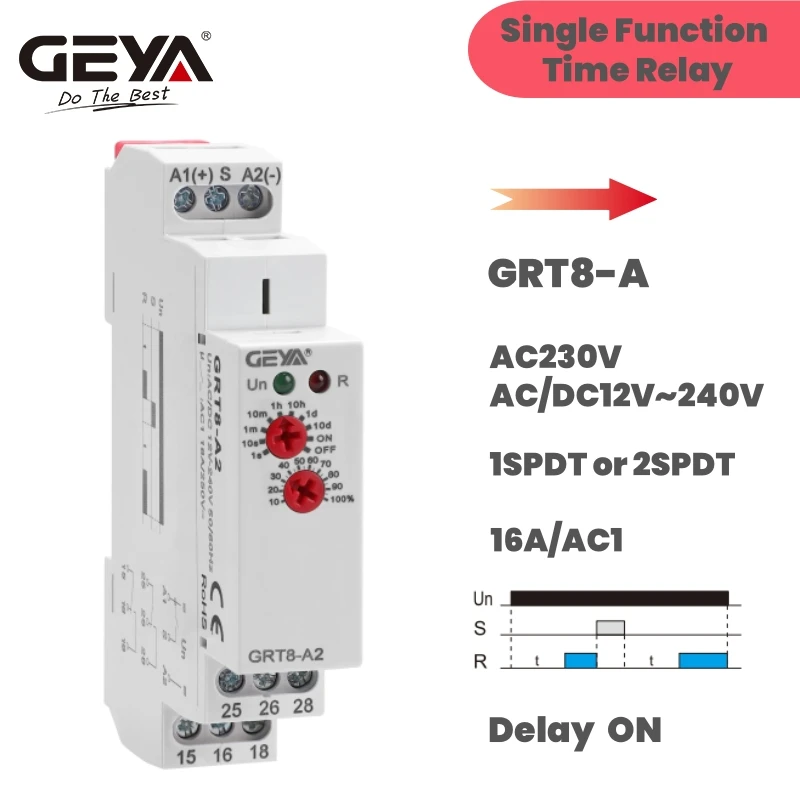 GEYA GRT8-A Elektronisches 16A SPDT ON Verzögerungszeitrelais Zeitrelais 12V 24V 220V DIN-Schienentyp AC230V ODER AC/DC12-240V Image