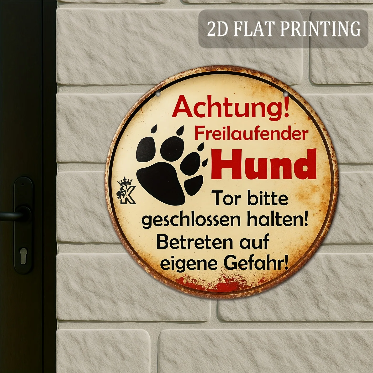 WaryDogs 'Vorsicht!' Freilaufender Hund' Metall-Warnschild mit Pfotenabdrücken, Langlebiges Aluminium Wetterfestes Schild für Veranda und Garten Image