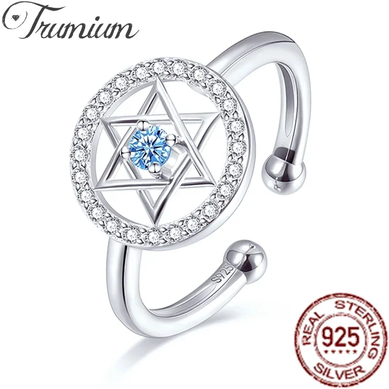 Trumium Jüdischer Davidstern-Ring für Damen, 925er Sterlingsilber, blauer Zirkonia, offener Fingerring, Schutzamulett, Schmuck, Geschenke Image