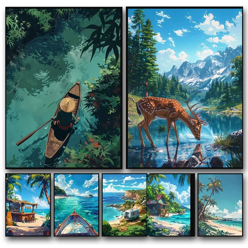 Meer Sommer Landschaft Bar Anime Wand Kunst Poster Blaue Hütte Strand Wald Leinwand Malerei Druck Bild Wohnzimmer Moderne Dekor