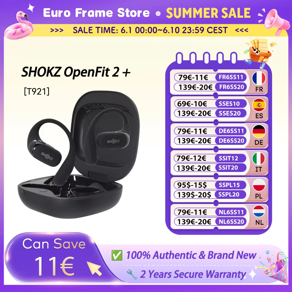SHOKZ OpenFit 2+ T921 Free Ear Kopfhörer Dolby Audio kompatibel 48 Stunden IP55 Wasserbeständigkeit USB-C kabelloses Laden Neu T921 Image