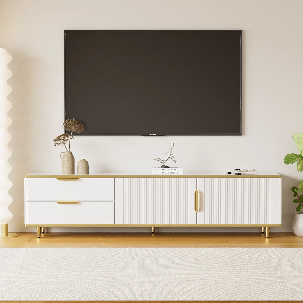 Luxuriöser TV-Schrank mit Marmorstruktur – elegantes Low-Profile mit geschnitzter Textur, Wohnzimmer-Medienkonsole, hochwertige Wohnmöbel Image