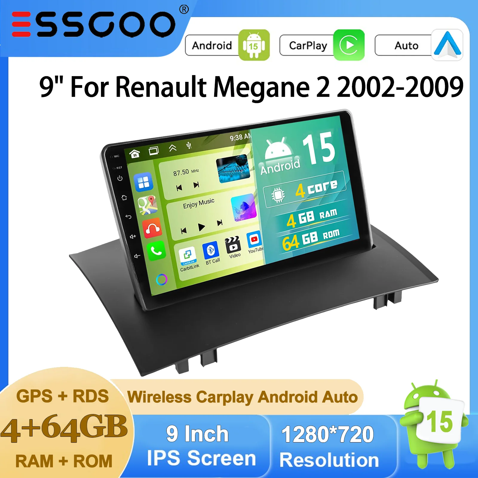 ESSGOO 9" Android 15 4+64G/6+128G Für Renault Megane II 2002-2009 Autoradio GPS-Navigation Kabelloses CarPlay FM BT RDS SWC Image