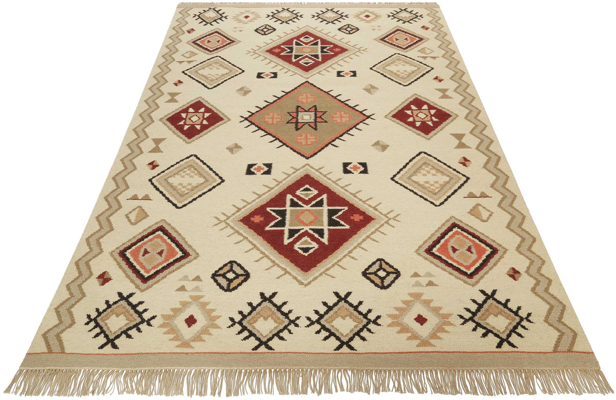 Teppich GREEN LOOOP "Brionne GL-82102", beige, B:200cm H:5mm L:290cm, Baumwolle, Schurwolle, Teppiche, Teppich, handgewebter Naturfaserteppich aus 80% Wolle 20% Baumwolle, Fransen Image