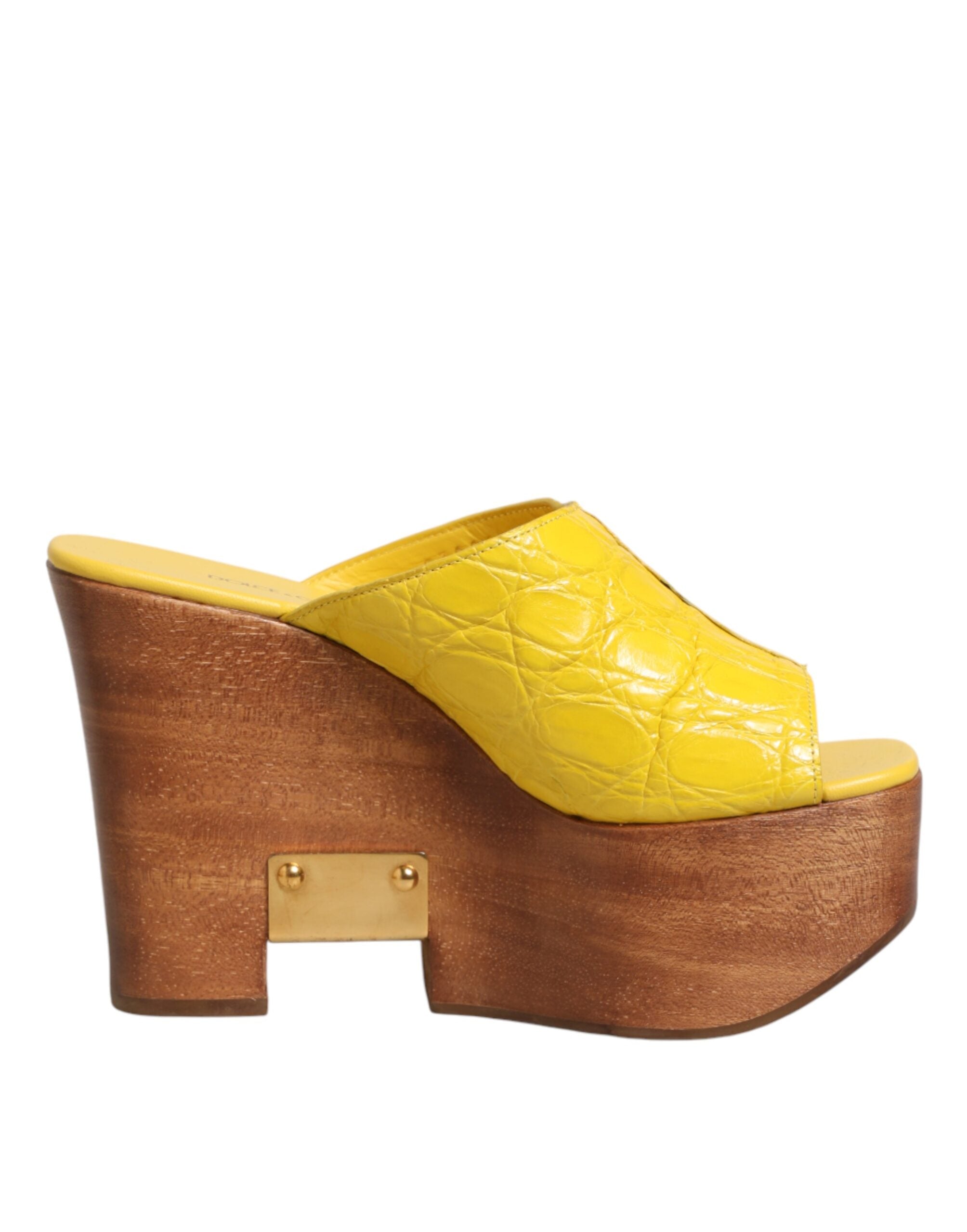 Dolce & Gabbana Gelbe Leder Holz Wedge Slides Schuhe
