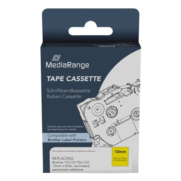 MediaRange Schriftband ersetzt Brother TZ-C31 schwarz auf fluoreszierendem gelb 12 mm x 8 m, 1.2 cm