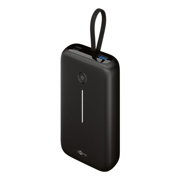 goobay Schnelllade Powerbank mit integriertem USB-C™-Kabel 20000 mAh schwarz schwarz, 7.1x12.13x3 cm